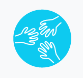 Logo: a blue circle with three white inreaching hands.
